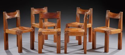 Pierre CHAPO (1927-1987) 
Suite de six chaises modèle «S11X» en orme et cuir tendu...