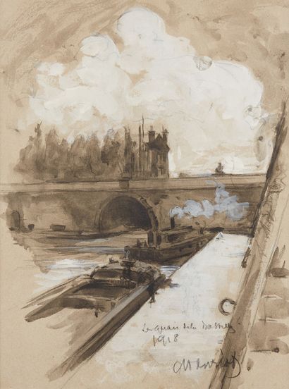M HENRIOD (XXe SIÈCLE) Le canal saint Martin a Paris, 1918
Pierre noire-lavis d'encre...