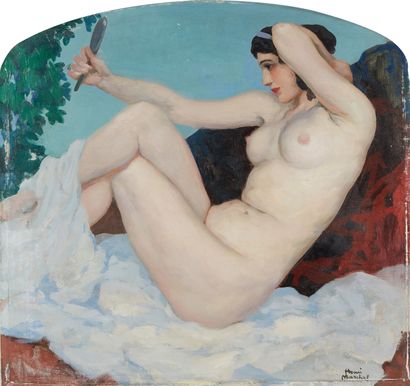 Henri MARCHAL (1878-1942) Femme nue se regardant dans un miroir
Huile sur panneau
Signée...