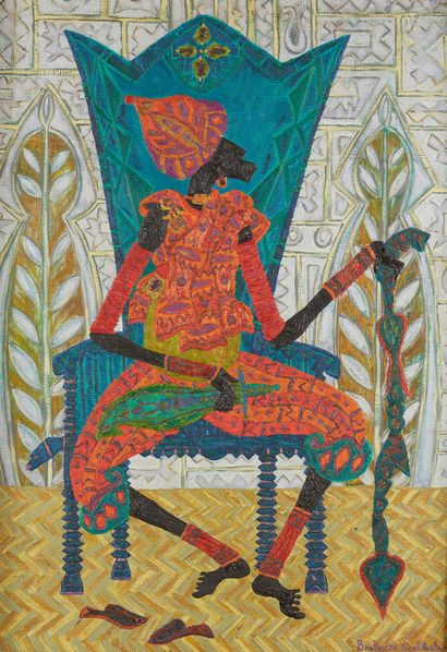 BOUBACAR COULIBALY (1944-1984) Figure on a throne,1972
Oil on panel
Signed lower...