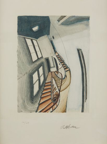 SAM SZAFRAN (1934-2019) Anamorphic staircase
Lithograph enhanced with watercolour
Signed...