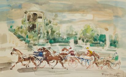 PIERRE GAILLARDOT(1910 - 2002) Sulky race
Watercolour on paper
Signed lower right
32...