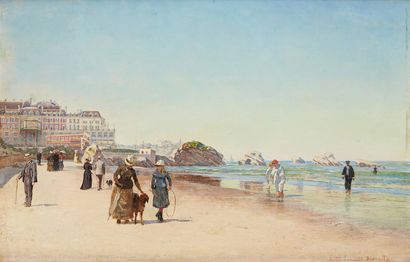 ECOLE FIN XIXe SIÈCLE La grande plage à Biarritz, 1888
Huile sur panneau
Signée,...