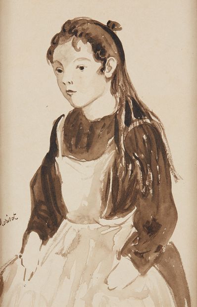 Ecole Française vers 1880-1900 Jeune femme au tablier
Aquarelle sur papier
Porte...