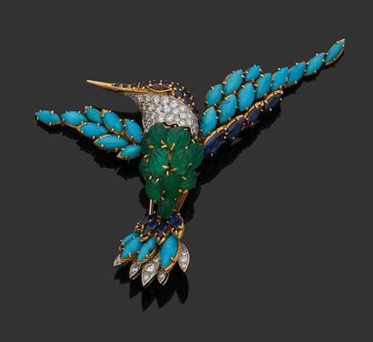 VAN CLEEF & ARPELS Brooch in gold 750 thousandth stylizing a Kingfisher the spread...