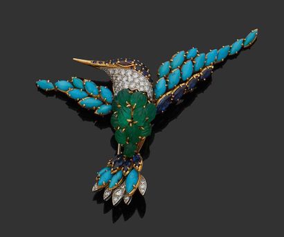 VAN CLEEF & ARPELS Broche en or 750 millièmes stylisant un Martin-pêcheur les ailes...