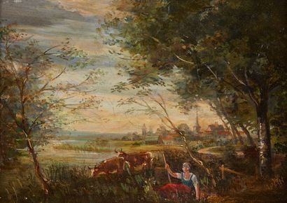 École Française du XIXe siècle The cowherd
Oil on panel
16 x 22,5 cm