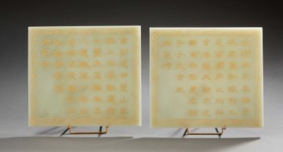 CHINE Two light green jade plaques of rectangular shape engraved with gilding highlights...