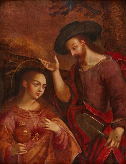 Ecole ANVERSOISE vers 1640 
Marie Madeleine et le Christ jardinier
Panneau de chêne,...