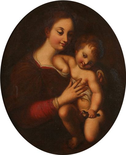 Ecole Italienne du XIXe siècle Virgin and Child holding a bird
On its original rectangular...