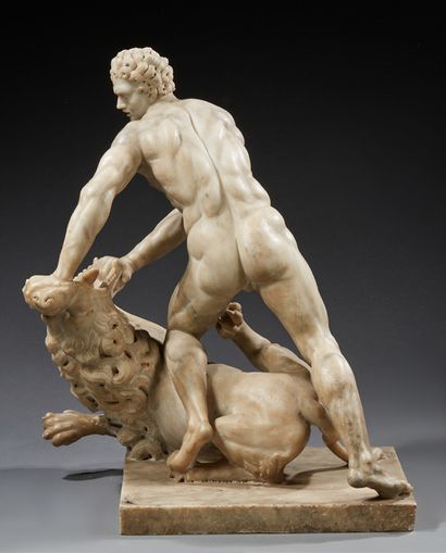 null Sculpted marble GROUP of Hercules and the lion of Nemea.
France, 17th century.
Dim....