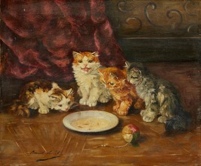 Ecole française vers 1930 
Kittens playing
Two oil on canvas forming a pair, signed...