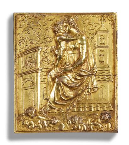null PLAQUETTE en bronze, ciselé et doré représentant la Vierge de Lorette. A l'arrière-plan,...