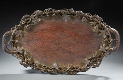 ASIE Large tray with handle in fruit wood finely carved and openwork with grapes...