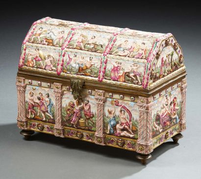 CAPODIMONTE 
A large porcelain case entirely decorated with panels in frames with...