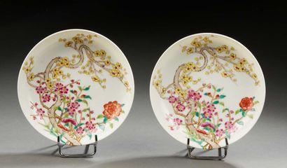 CHINE Two circular porcelain dishes decorated with Famille Rose enamels and two branches...