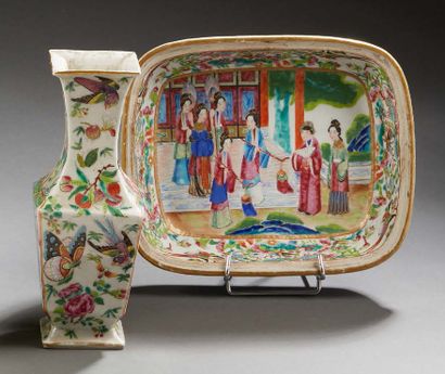 CHINE A baluster-shaped quadrangular porcelain vase decorated in Canton polychrome...