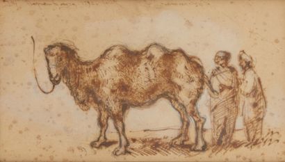 ÉCOLE ALLEMANDE, 1792 
Deux orientaux et un chameau
Plume et encre brune, lavis brun,...