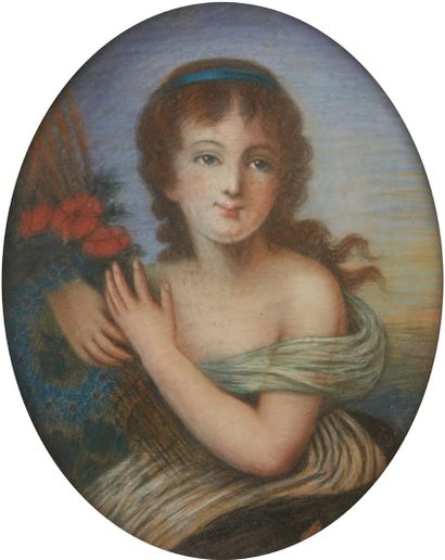 École Française du XIXe siècle Portrait d'une petite fille au bouquet de fleurs des...