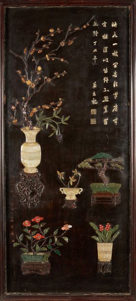 CHINE Two large rectangular panels of black lacquered wood with inlaid hardstone...