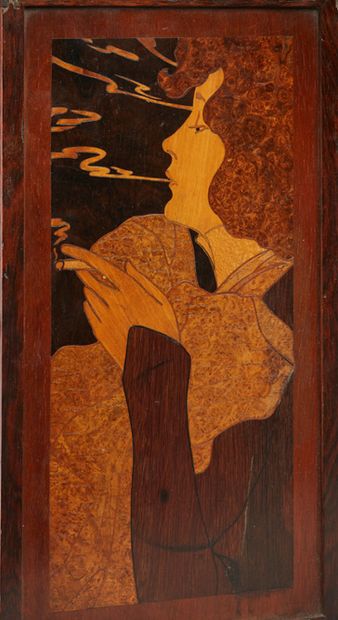 WALLDARF Rosewood cigar box with inlaid decoration showing a young woman smoking
H....