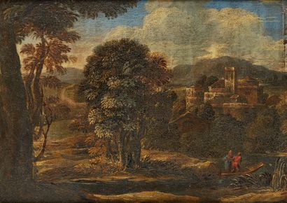 ÉCOLE ROMAINE de la fin du XVIIe siècle Paysage en forêt
Panneau, une planche, non...