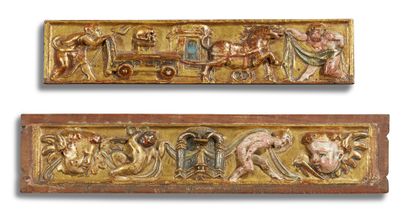 null TWO WOODEN ELEMENTS in walnut carved in low relief, polychromed and gilded.
On...