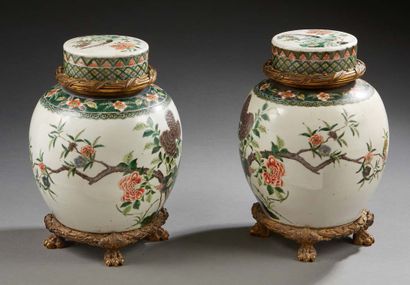 CHINE Pair of covered ginger pots in porcelain of ovoid form decorated in enamels...