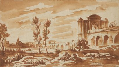 PIERRE LELU(PARIS 1741 - 1810) 
View of Pont Saint Esprit (Gard)
Pen and brown ink,...