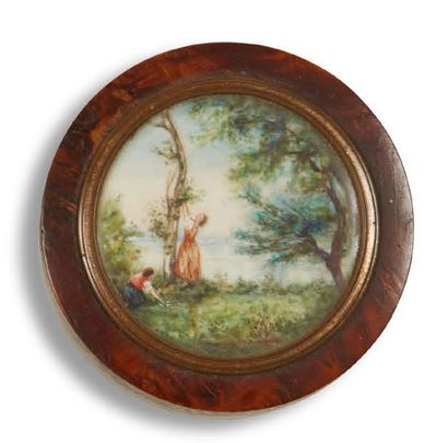 null Round wooden box, the lid decorated with a painted miniature of a country scene.
Signed...