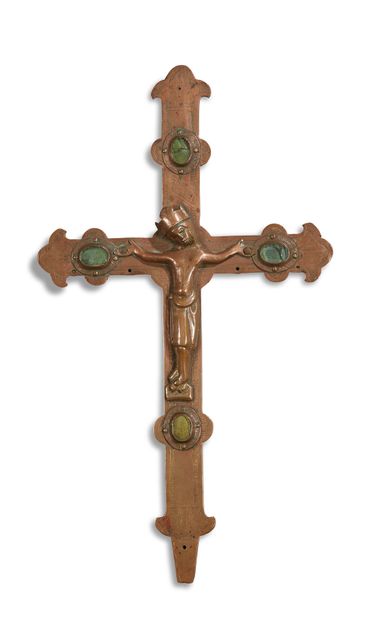 null PROCESSION CROSS in engraved bronze IHS with a chased and engraved copper applique...