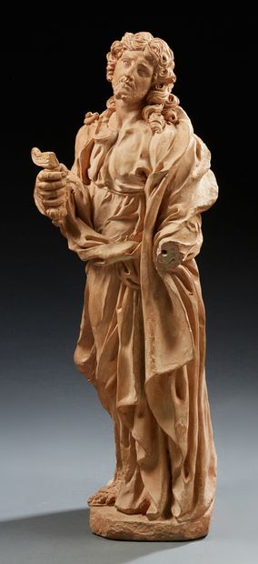 null Terracotta GROUP representing Saint Paul draped holding the handle and part...
