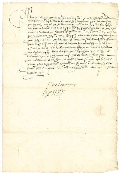 HENRI II (1519-1559) Roi de France. 2 L.S. avec compliment autographe « Vre bon mary...
