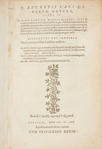 LUCRECE. T. Lucretii cari de rerum natura, Libri VI. A. Dion. Lambino Monstroliensi,...