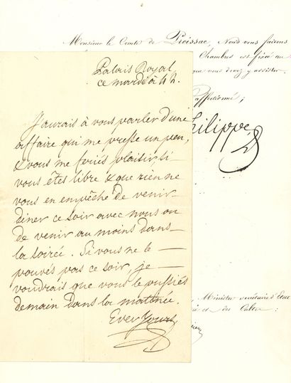 louis-philippe (1773-1850) Roi des Français. L.A. (signée d'un paraphe), Palais Royal...