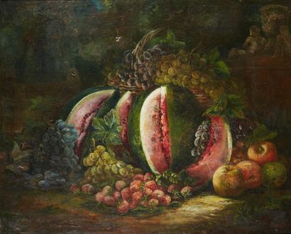 École Française du XIXe siècle Nature morte à la pastèque.
Huile sur toile.
75 x...