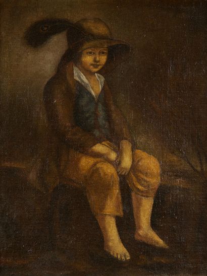 Ecole Italienne du XVIIIe siècle Jeune garçon assis au chapeau à plume.
Toile.
62...