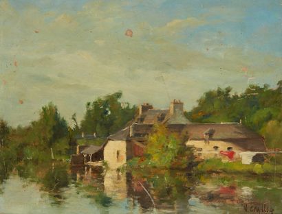 Narcisse CHAILLOU (1837-1916) Maison en bord de rivière
Huile sur carton, signée...