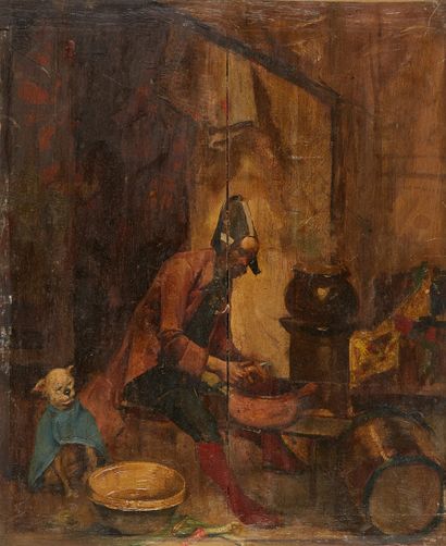 Ecole française fin XIXe siècle L'acrobate et son chien en cuisine
Huile sur panneau.
Panneau...