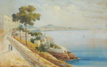 École Napolitaine du XIXe siècle La baie de Naples Aquarelle et gouache
32 x 50,5...