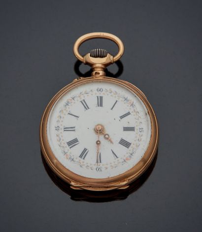 null POCKET WATCH in yellow gold 750 mm, white enamelled dial, black painted numerals,...