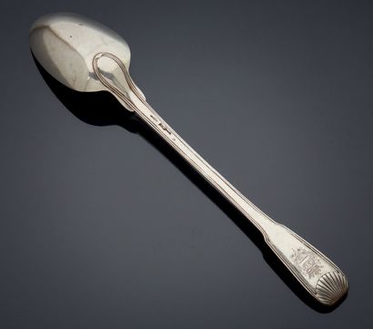 null LARGE RAGOUST SPOON with filets and shell, the spatula engraved with a marquis'...