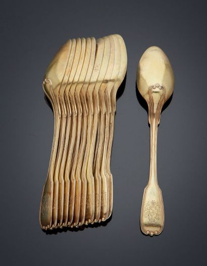 null SET OF TWELVE TEA SPONSORS in vermeil, model with nets and pearls, the spatulas...