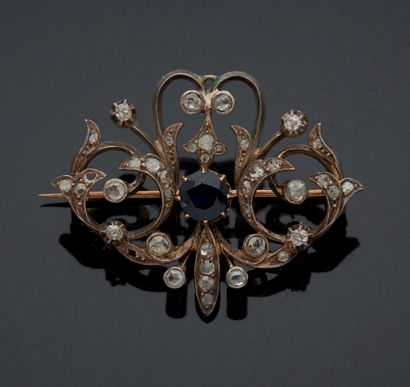 null A gold and silver brooch with geometrical interlacing motifs set with uncut...