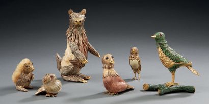 null SET OF SIX GOLDEN METAL AND HARDSTONE SUBJECTS featuring two birds, a hedgehog,...