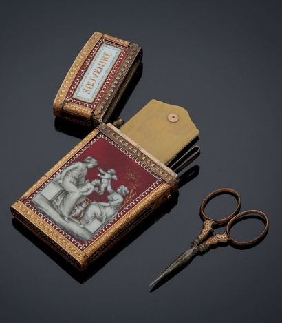 null A vermeil and enamel SOUVENIR D'AMITIÉ box, decorated with antique scenes, containing...