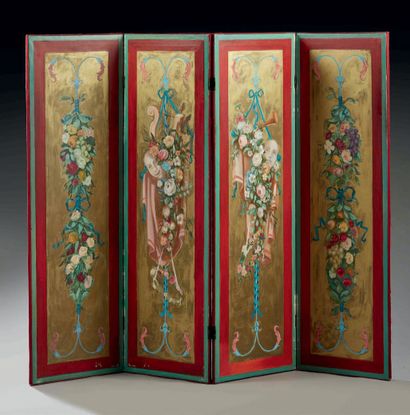 MAISON OPÉRA PARIS Four-leaf folding screen with a polychromatic floral painted decoration...