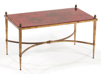 Maison RAMSAY Wrought iron coffee table with a golden patina and a rectangular lacquered...