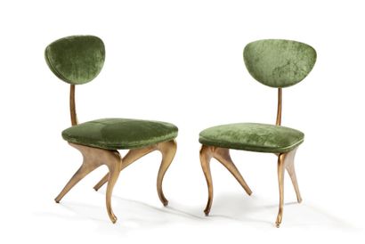 JORDAN MOSER (XXE) 
Pair of chairs, gilt patina bronze legs, green fabric upholstery
H...