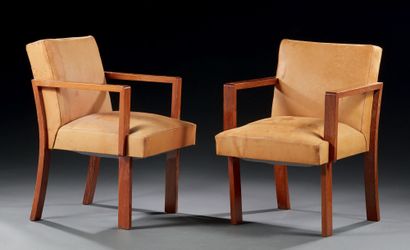 René HERBST (1891-1982) 
Pair of modernist rosewood armchairs with tan leather seat...